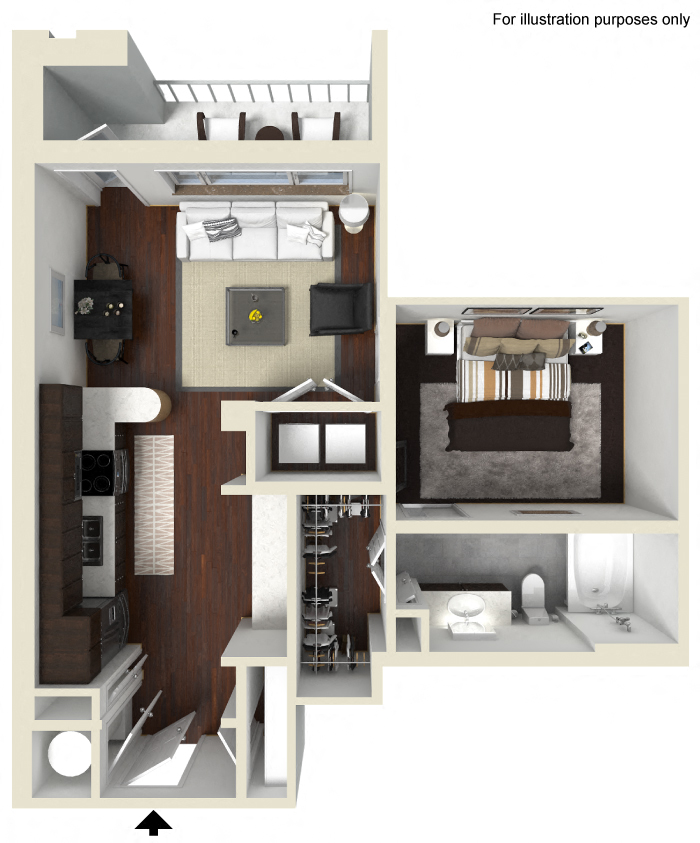 Floor plan for 1 bed, 1 bath, 673 sqft